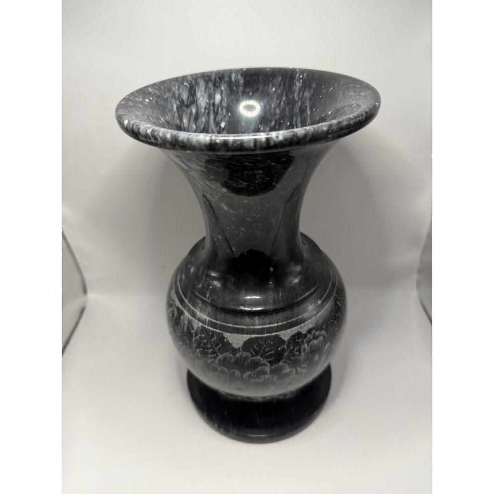 Vintage Black Marble Stone Vase‎ Floral Etched 9.5" Heavy Decor As Is